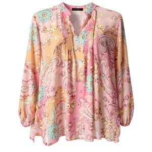 Susan Graver Tunic Blouse Women Pink Sheer Paisley Chiffon Peasant 1X #1688